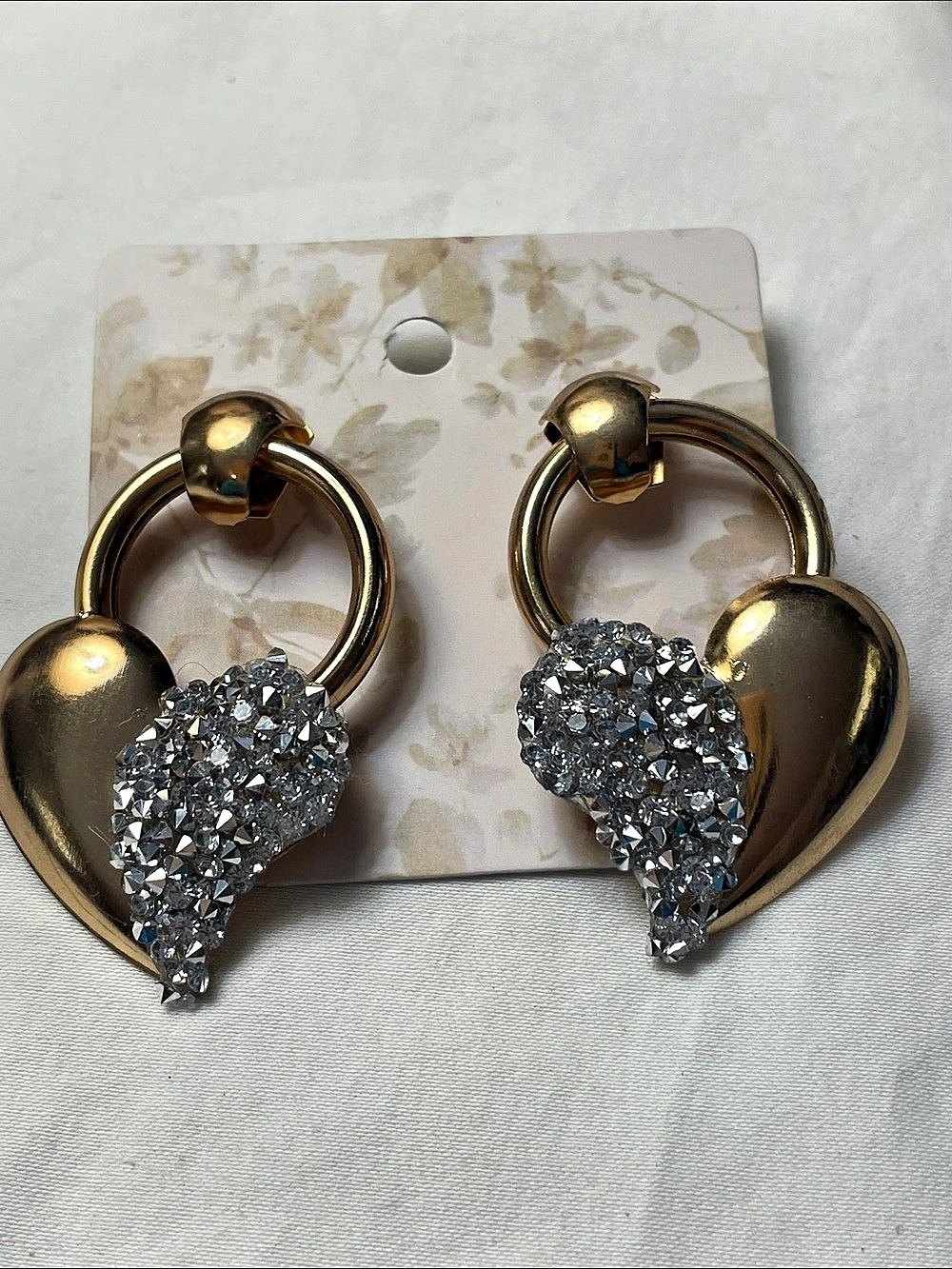 Gold & Silver Heart Hoop Earrings 1.5” with rock crystals Like New